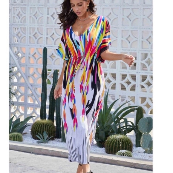 New Rainbow Kaftan Maxi Swim Cover Up dress - Picture 3 of 7